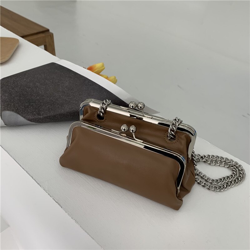 Kisslock-Bolso de piel con correa ancha para mujer, bandolera cruzada de: brown