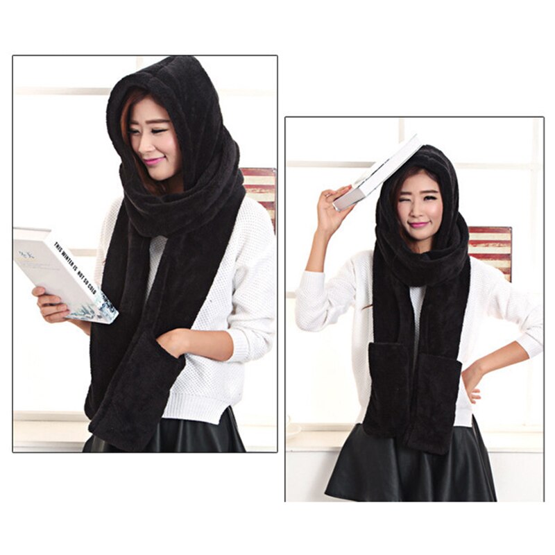 3 in 1 Women Warm Hood Scarf Snood Pocket Gloves Hat Comfortable Warm for Winter Outdoor Sets-B5: Black