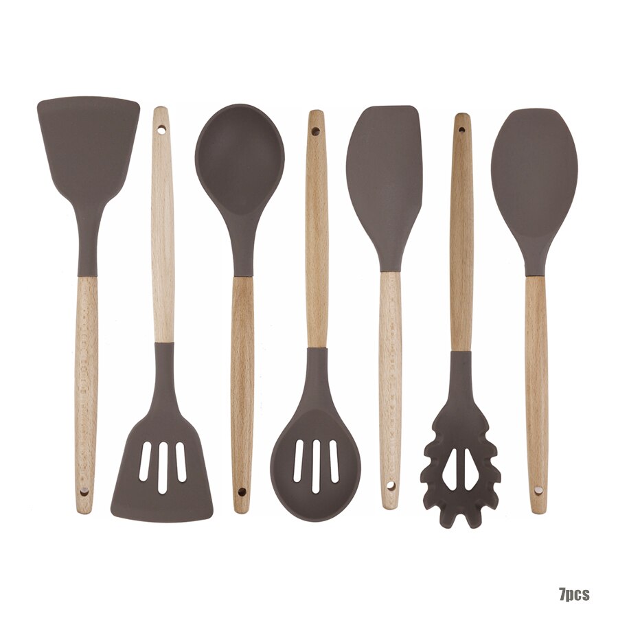 Juego de cocina de silicona antiadherente, resistente al calor, fácil de limpiar, de madera maciza, mango de madera de haya, juego de espátulas: Champagne Grey-7pcs