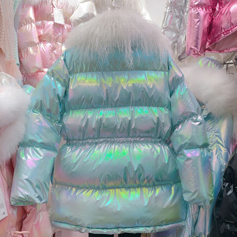 Winterjas dames glanzende katoenen jas imitatiewol kraag kleurrijke brood warme jas vrouwelijke koreaanse losse jassen parka jas