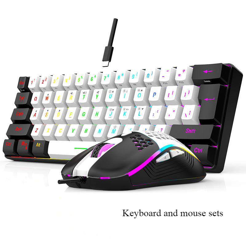 Tastatur- und Maus-Sets 60 % RGB-Gaming mit Tastaturen, Maus-Kombination, PC-Kit, Gamer, Hintergrundbeleuchtung, Mini, 61 Tasten, Computer, kabelgebundenes Set, Tastatur: Gold
