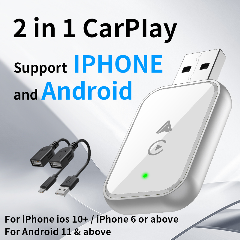 Draadloze CarPlay-adapter voor iPhone, 2 in1 bedraad naar draadloze CarPlay, draadloze Apple Carplay-adapter met USB-C/Type-C Android Auto