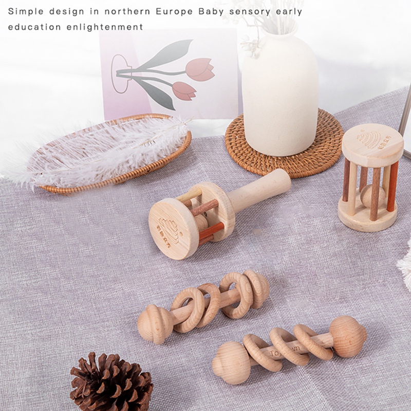 Infant Beech Solid Wood Stroller Toy Early Childhood Education Trolley Hand Rattle Early Education Wooden Comfort Toy