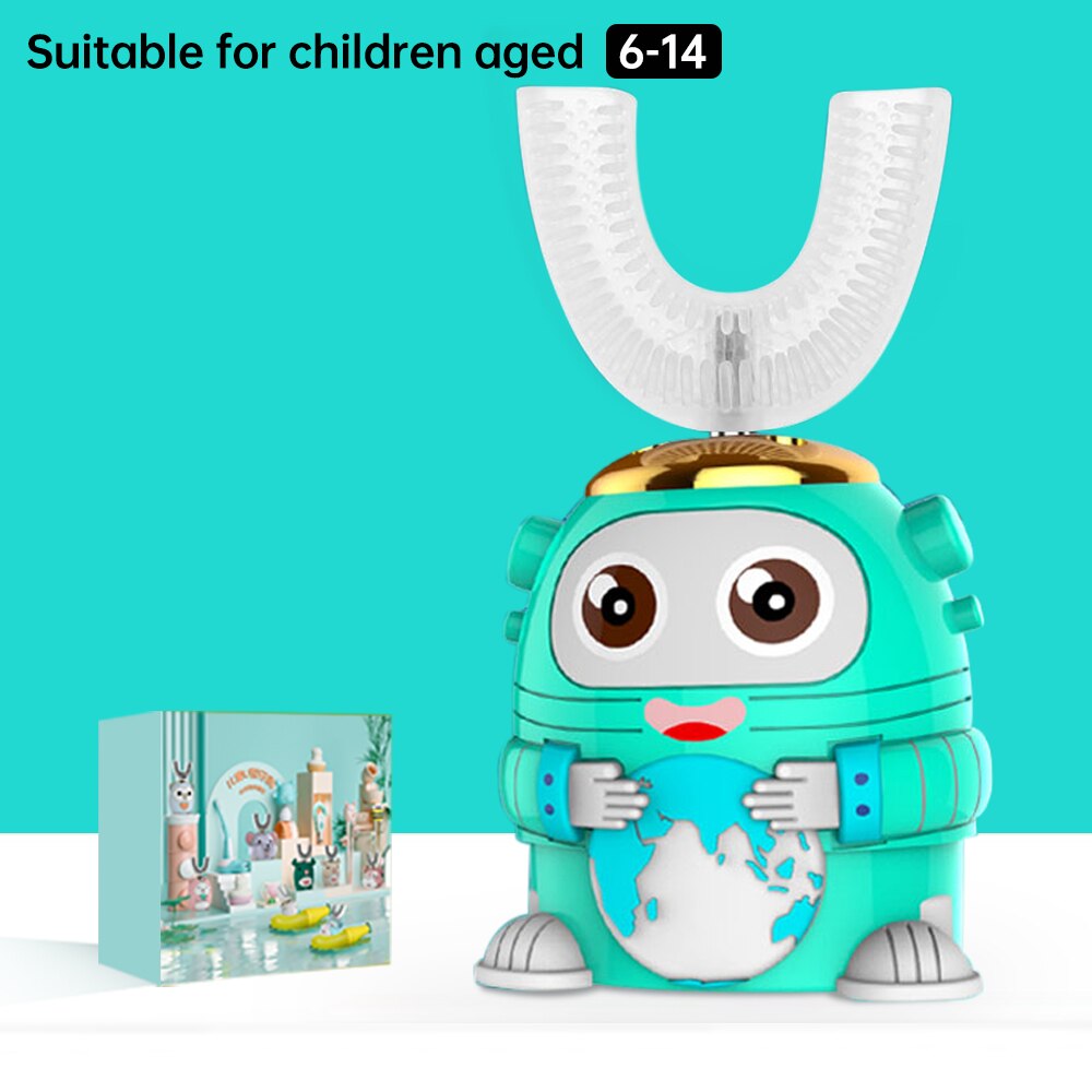 Smart 360 Degress U Sonic Electric Toothbrush Kids Silicone Automatic Ultrasonic Tooth Brush Children Blue Light Teeth Brush: Astronaut Green 6-14