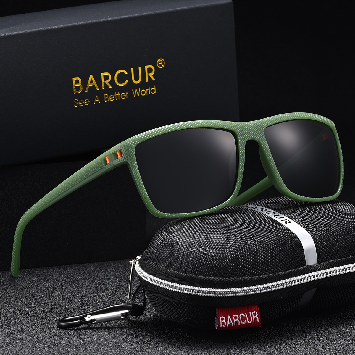 BARCUR Brand Classic Men Sunglasses Comfort Durable PC Rectangular Frame TAC Lens Versatile Age Polarized Sunglasses: army green