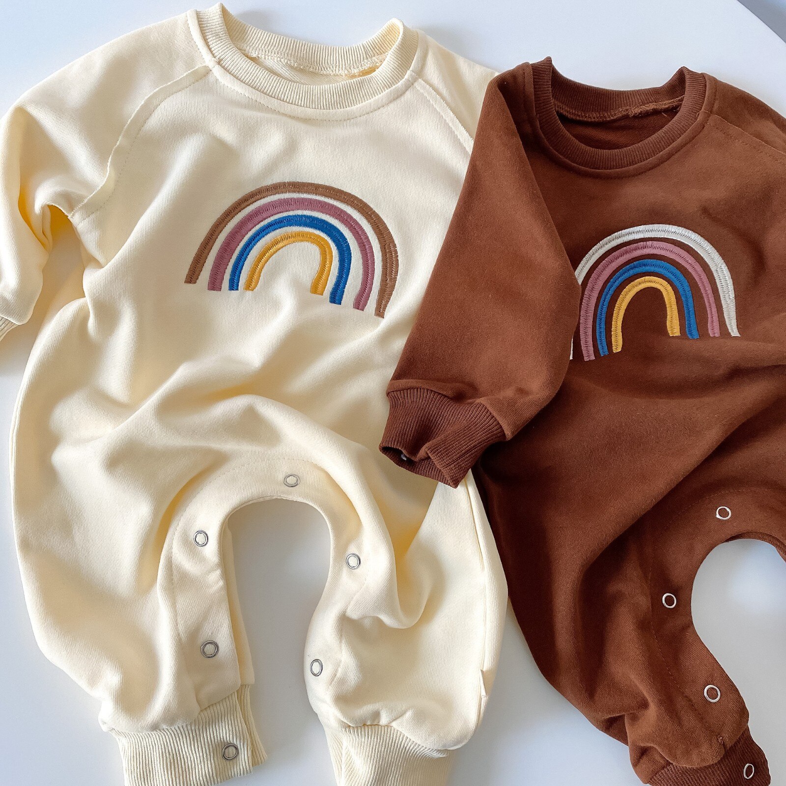 Bebê macacão bordado arco-íris macacão infantil meninas meninos roupas outono algodão bebê manga longa arco-íris macacão