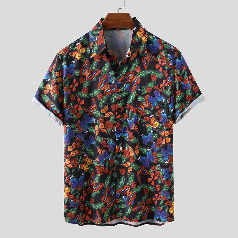 INCERUN homme motif papillon imprimé chemise été hommes manches courtes revers chemises décontractées amples confortable Blusas Hombre hauts 3XL: Black / S