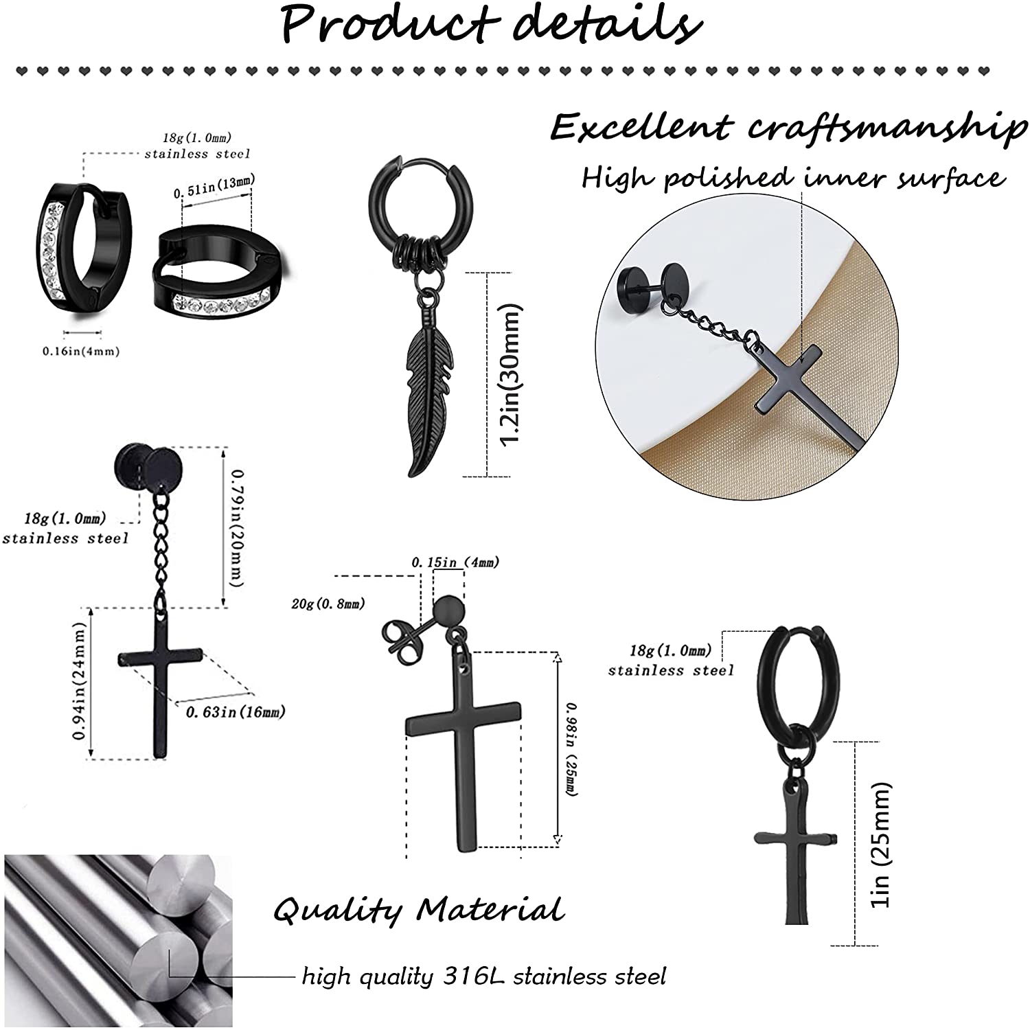 1 Pair Black Stud Earrings Mens Earrings Stainless Steel Black Earrings for Men Women Jewelry Piercing Hoop Earrings Set