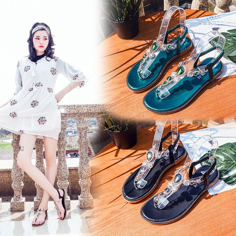 Bohemian Shoes Summer Women Crystal Flip Flops Sandals Flats Ladies Beach Sandals Casual Sweet Sandals Flats
