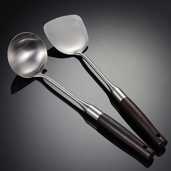 304 Stainless Steel Kitchen Utensils Set, Cooking Utensils with Wooden Handle - Turner Soup Ladle Strainer Pasta Server: 2PCS