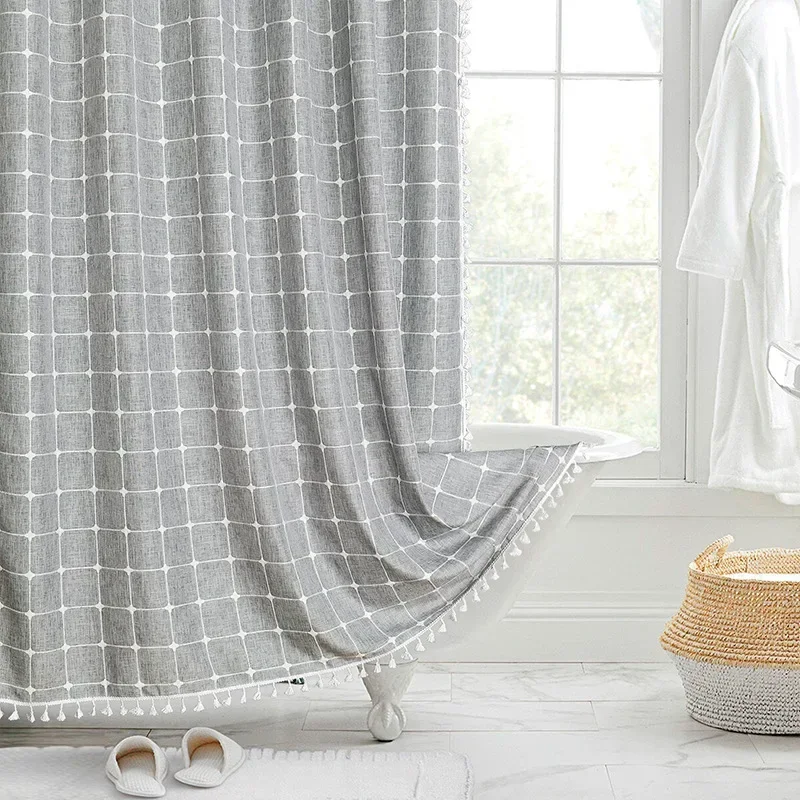Cortina de ducha impermeable de lino Jacquard, cortina de baño a prueba de moho de estilo Pastoral a cuadros pequeños y frescos