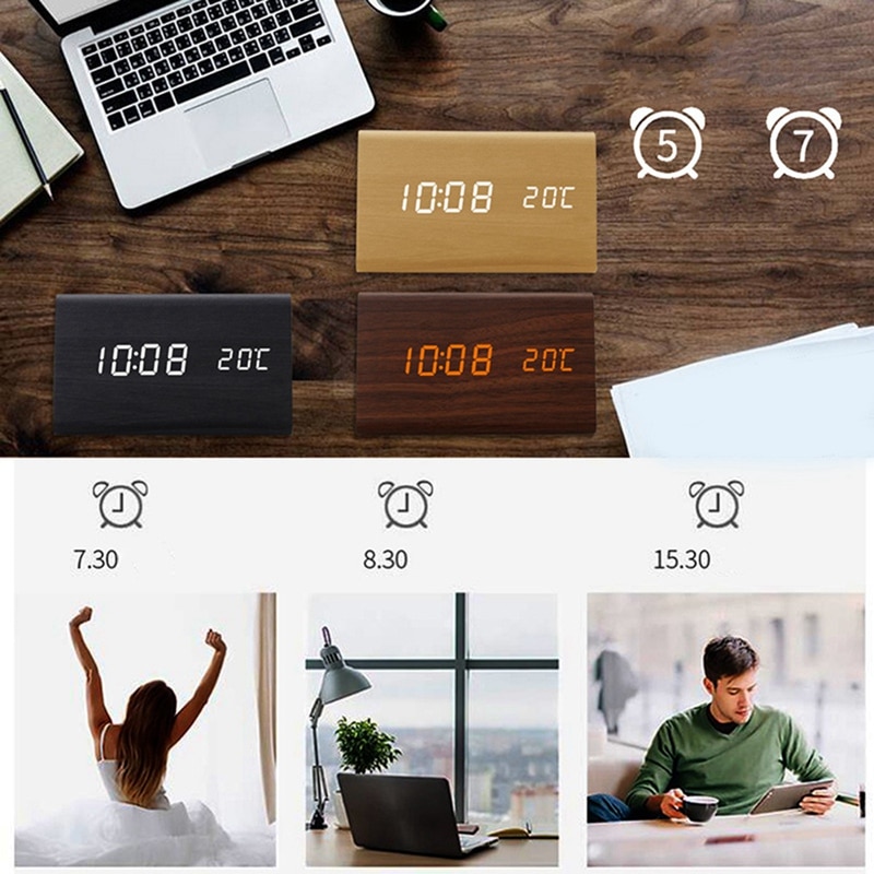 Digitale wekker met luchtvochtigheid en temperatuur, babykamerklok, stille, lichtgevende digitale houten wekker