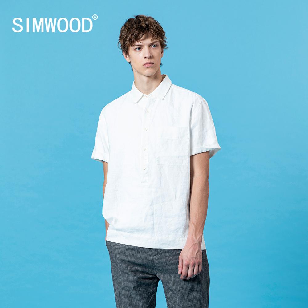 Simwood sommer-kortærmede skjorter herre åndbar linned bomuldsskjorte brystlomme plus størrelse tøj  sj170362