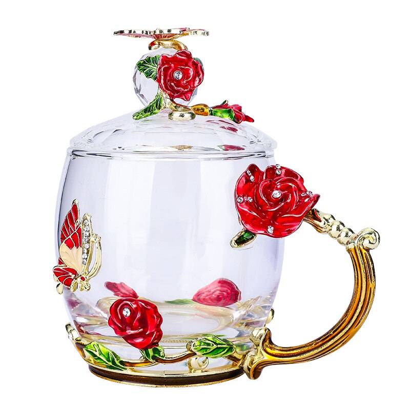 Europäischen Stil Emaille Glas Tasse Kaffee Milch Trinken Blume Getränk Tee Tasse einstellen mit Deckel Löffel Kasten Paar Glas typ bilden