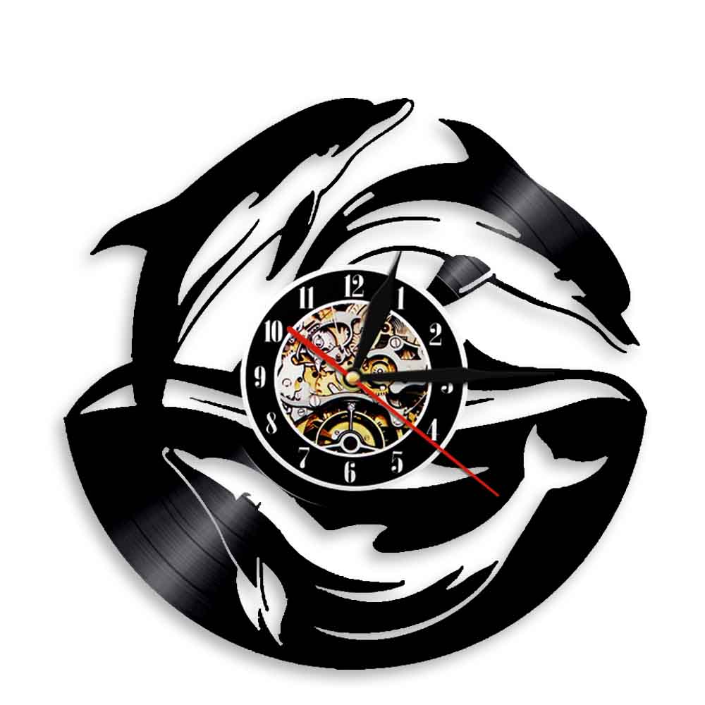 Dolfijn Zee Ocean Life Animal Vinyl Record Wandklok Onderwater Wildlife Marine Springen Dolfijn Wandklok Vintage Decor Horloge