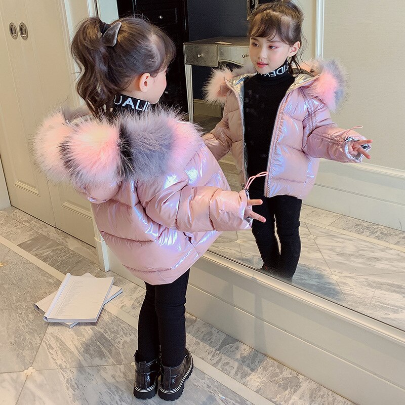 Piger dunjakke baby varm skinnende frakke to sidetøj børns vinterjakke piger lyserød pels hætteklædte outwear  tz583