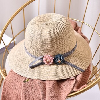 Ht1553k piger blomst bred skygge stråhat barn floppy strand hatte børn panama spande hatte sammenfoldelig sommer sol hat: Beige