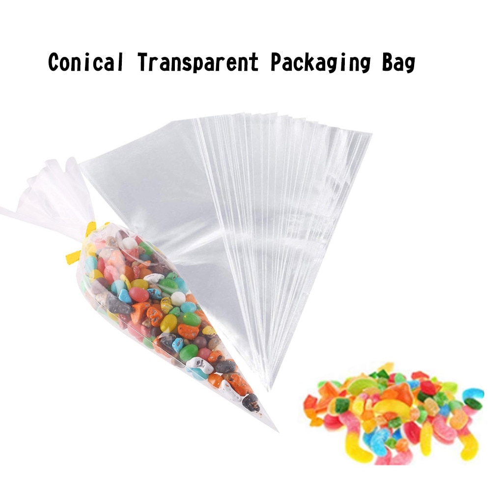 Sacs cône de fête en plastique transparent, sacs à bonbons biscuits avec petits liens assortis, organisateur de stockage des aliments à domicile 50/100/200 pièces