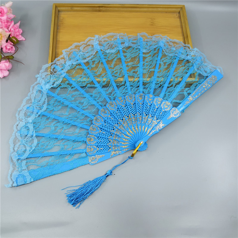 23cm Thin Lace Fan Plastic Bone Hand Fan Art Craft Lolita Japanese Sweet Girl Dance Photo Props Wedding Party Decoration: Blue tassel