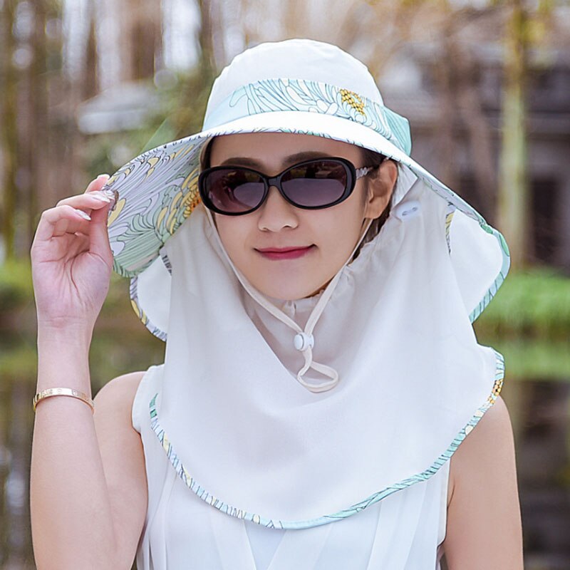 Ymsaid Chiffon Flowers Big Eaves summer hats for women Foldable Covered Face Neck Cycling Anti Uv Sun Hat: Beige Hat