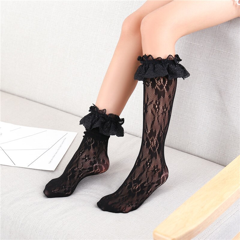 Girl´s Knee High Socking Sweet Lolita Style Frilly Lace-up Elastic Leg Warmers Girl Dance Lace Stocking