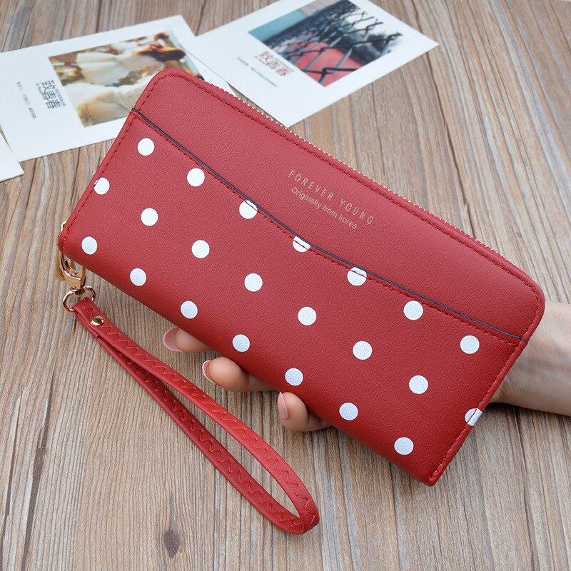 Women's Wallets Women's Long Zippers Korean Student Polka Dot Wallets Large Capacity Hand Bag Soft Wallets: Red