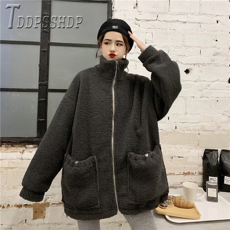 Abrigo holgado de estilo Bf Harajuku para mujer, chaqueta femenina de imitación de lana de cordero para otoño e invierno,: 2 / XXL
