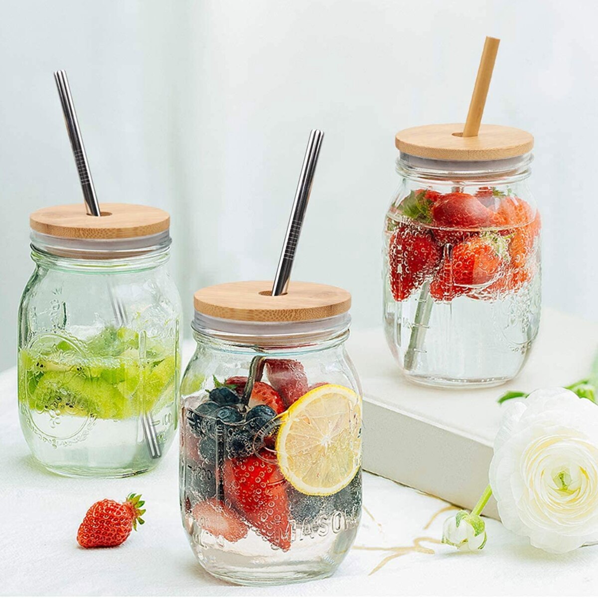 2Pcs Mason Jars with Lids and Straws 600/800ml Mason Jar Drinking Glasses for Bubble Tea Boba Milkshake Jam Juices Drinkware