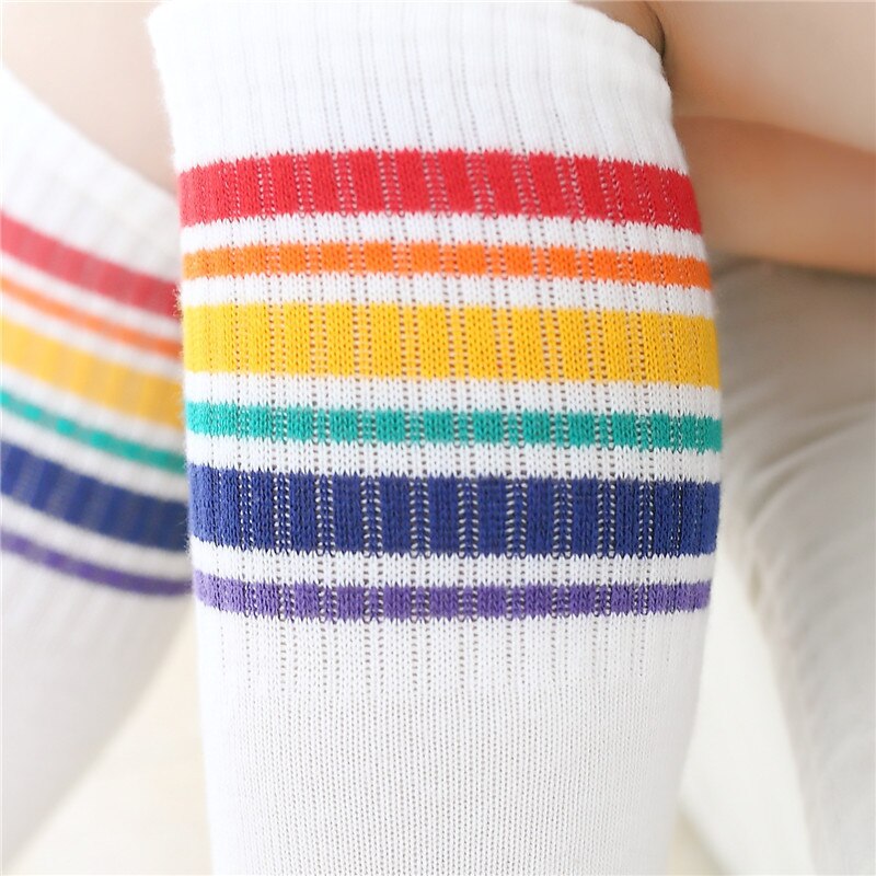 Calcetines por encima de la rodilla con de arcoíris para mujer, medias de invierno con rayas de arcoíris, urbana, para chica