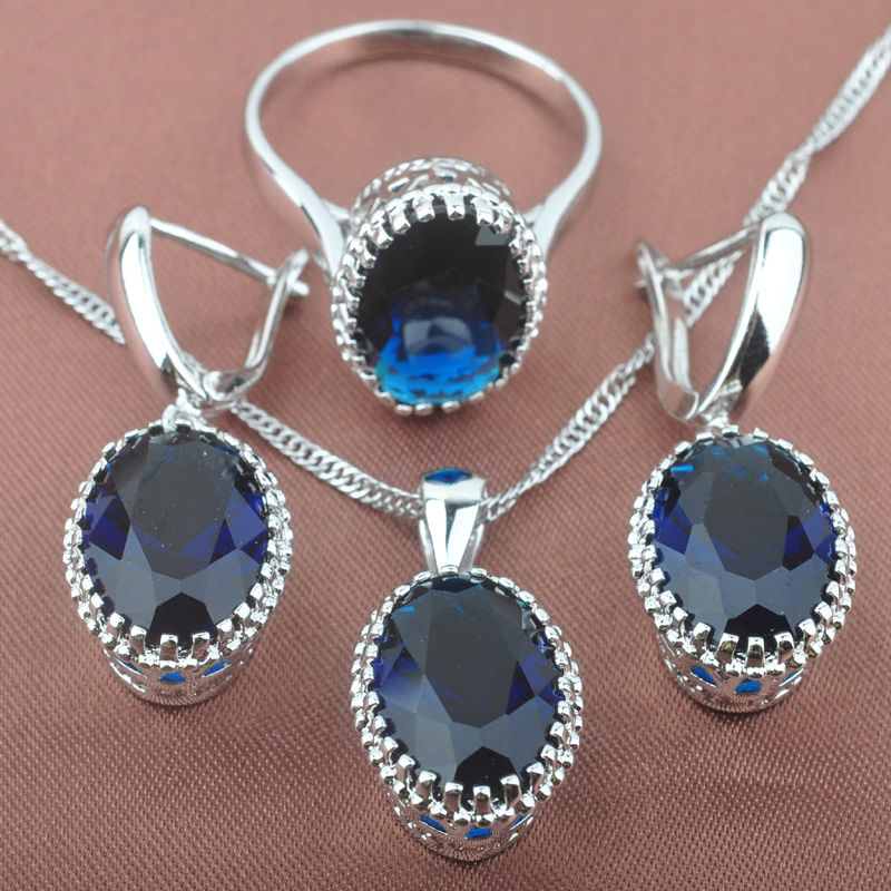 Weihnachten Blau Zirkonia Ei 925 Sterling Silber Schmuck Sets frauen Hochzeit Halskette Anhänger Ohrringe Ringe TZ0193