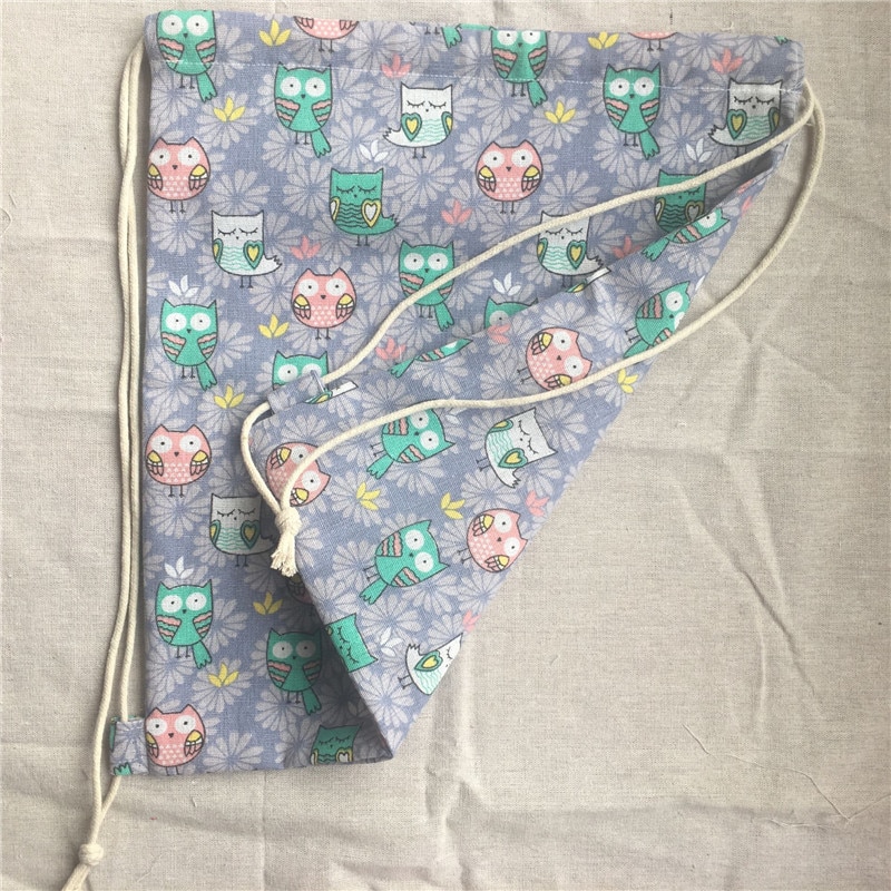 Cotton Linen Drawstring Backpack Student Book Shoes Bag Owls Purple flower Base 2033d