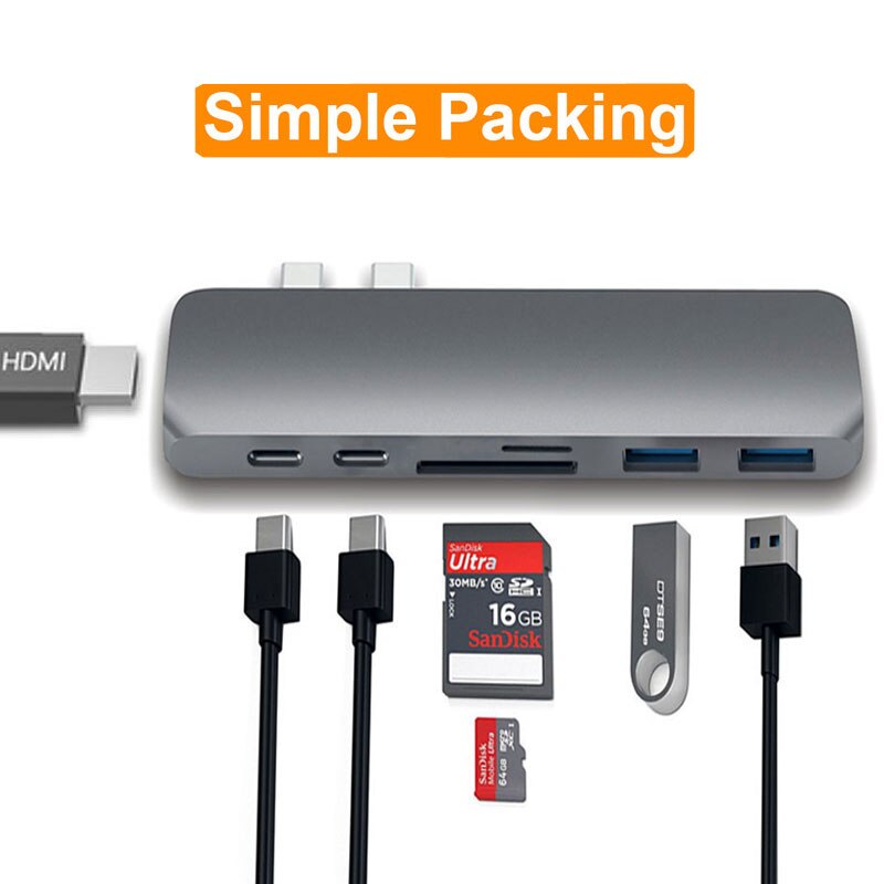 Usb-c dock til hdmi thunderbolt 3 adapter usb type c hub med pd power tf sd kortlæser usb 3.0 til macbook pro/air usb-c: Enkel kasse-grå