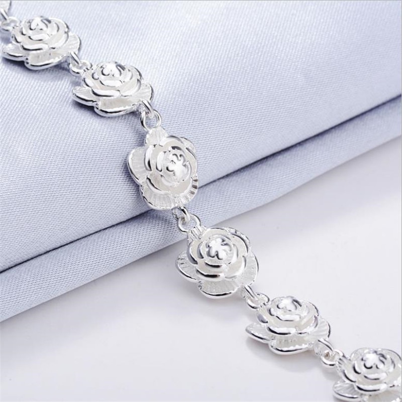 Pulseras de flores de rosa para mujer, joyería de plata de ley 925, mujer Navidad