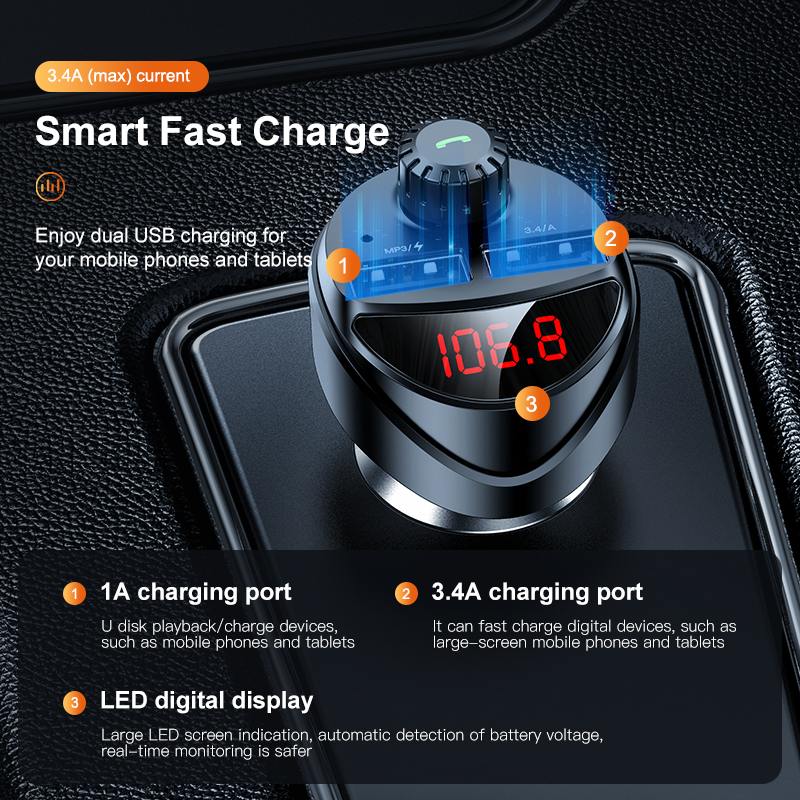 KUULAA Car Charger FM Transmitter Bluetooth Car Audio MP3 Player TF Card Car Kit 3.4A Dual USB Car Phone Charger For Xiaomi Mi