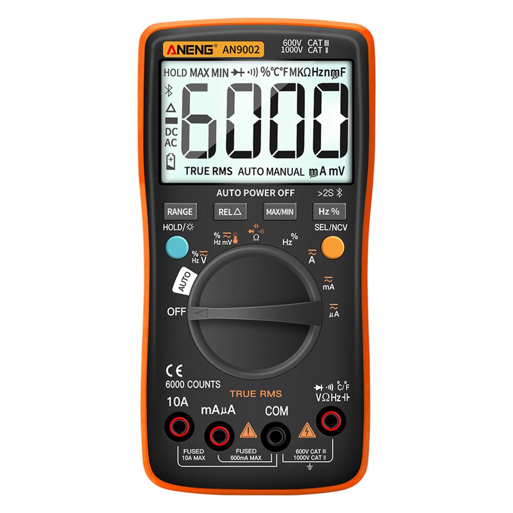 Wireless Bluetooth Digital Multimeter RMS Manual/Auto Strong Toughness Electric Portable Range Voltmeter Ammeter: Orange