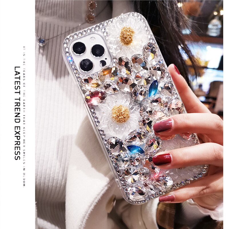Bling Diamond Daisy Bloem Crystal Case Voor Iphone 12 11 Pro Max Xs Xr X 7 8 Plus 12 Mini case Glitter Strass Zachte Tpu Cover: For iPhone 7 or 8