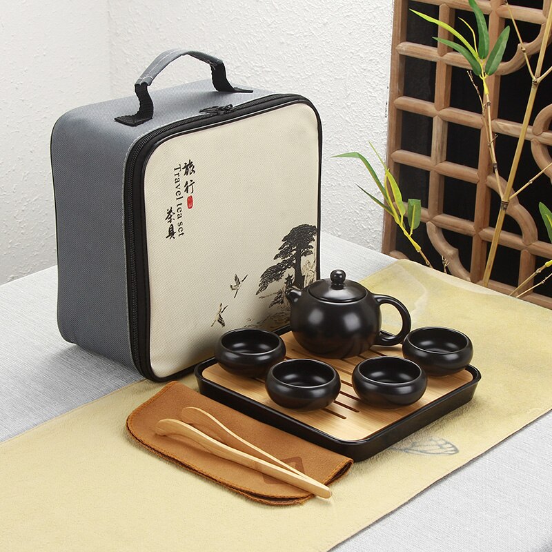 Portable Chinese Travel Kung Fu Tea Set Ceramic Teapot Porcelain Teaset Gaiwan Tea Cups of Tea Ceremony Tea Pot With Travel Bag: B-Black
