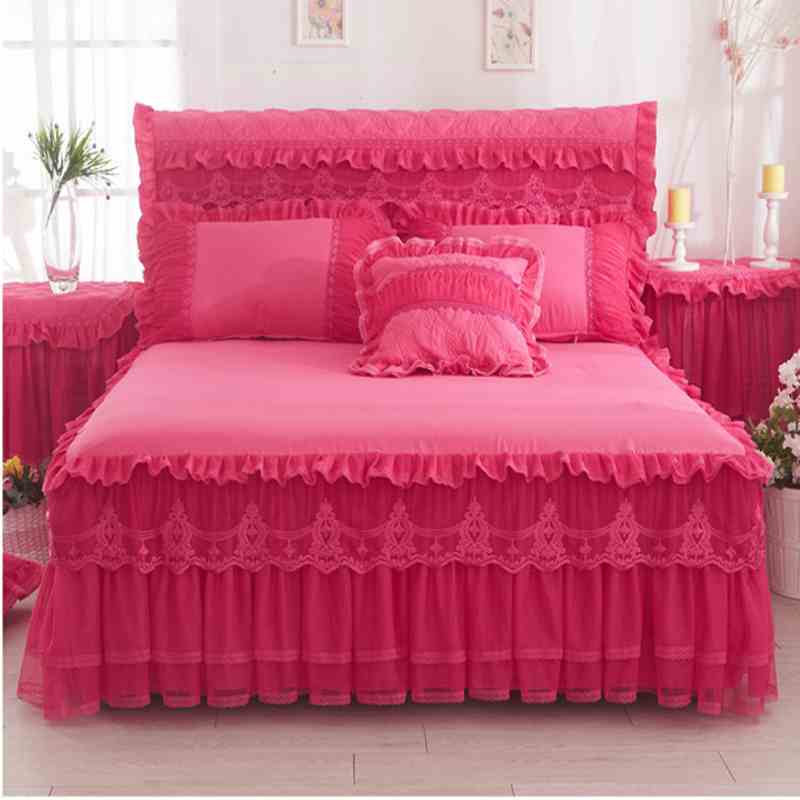 Beige/roze 1 stuk kanten bedrok +2 stuks kussenslopen prinsessenbeddengoed sprei hoeslaken voor meisjes matrashoes kingsize queensize: Rozenrood / 1 stuk rok 150 x 200