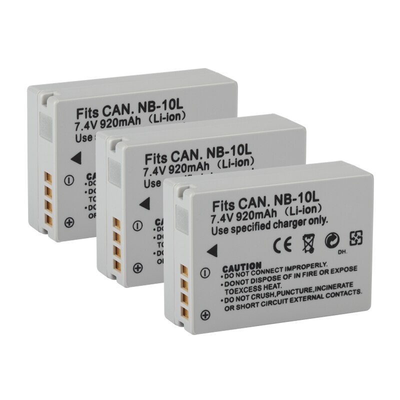 Nb -10l nb 10l nb10l batteri for canon  sx40 hs sx40hs sx50 hs sx50hs g1 x g15 g16 sx60 hs g3x kamerabatterier 920 mah: 3 batterier