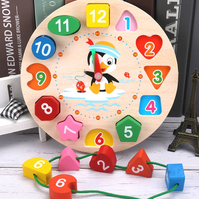 1Pcs Penguin Patroon Speelgoed Klok Leuke Cartoon Voorschoolse Baby Vroege Onderwijs Wiskunde Speelgoed Houten Kids Klok Speelgoed