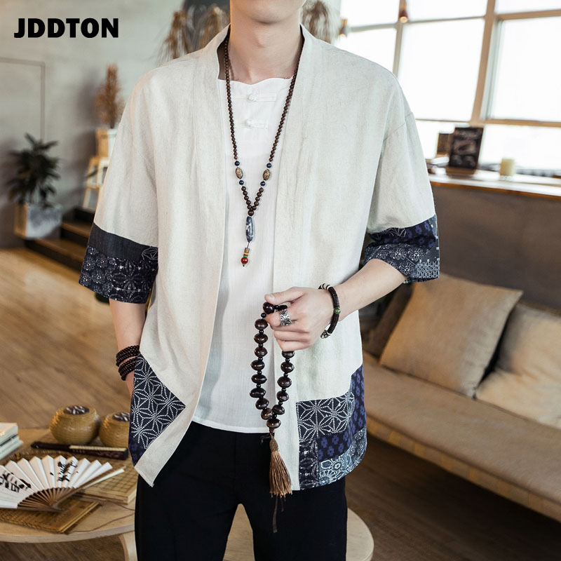 Jddton herre bomull lin kimono jakker fritid cardigan streetwear skjorter japansk samurai tradisjonelle uformelt kåper 5xl je011
