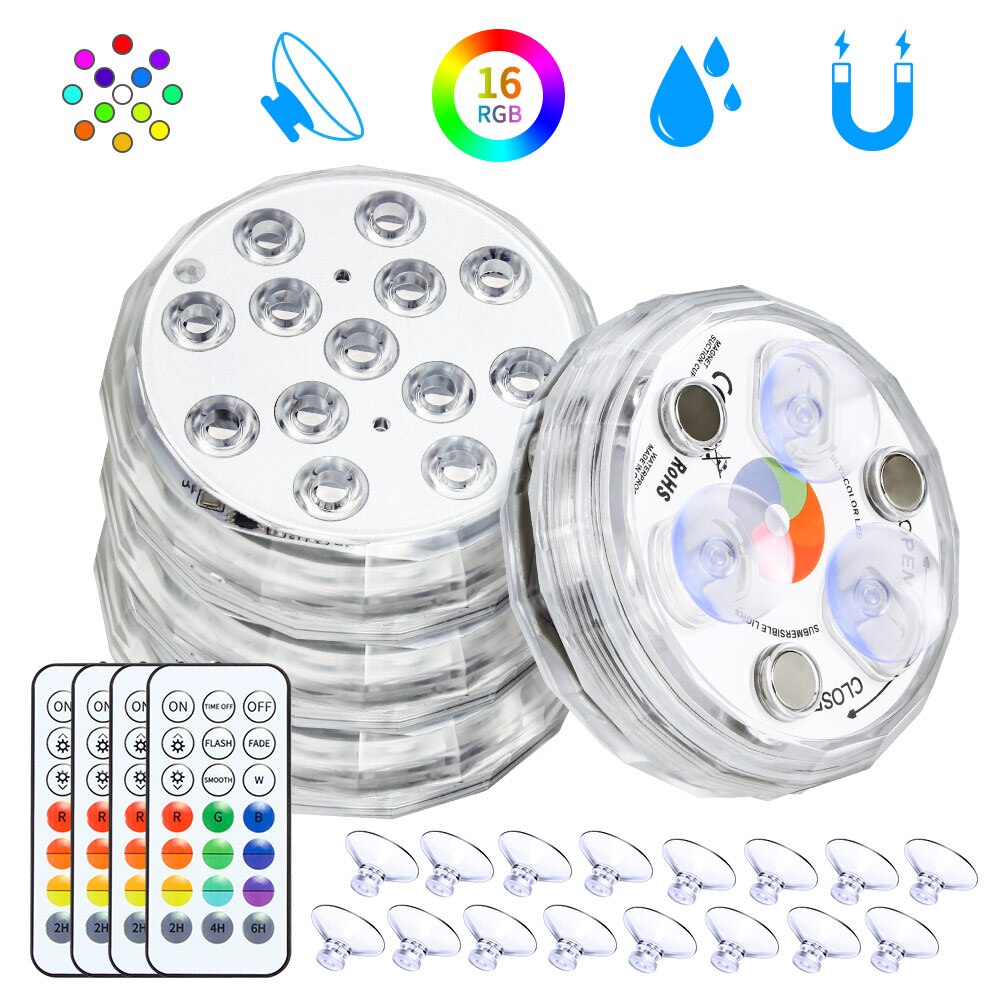 16 färger dränkbar 13 led lampa med sugkopp för utomhusdamm fontän vas trädgård pool undervattens nattlampa: 4 st