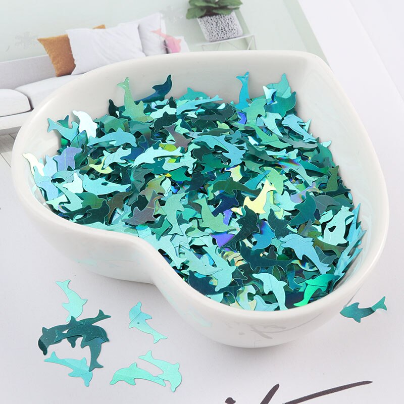 10 G/pak Ultradunne 5X9mm Dolfijn Vorm Pailletten Voor Nail Art Huisdier Kleur Trouwjurk Mobiele Telefoon Shell Art Manicure Materiaal: Laser light blue