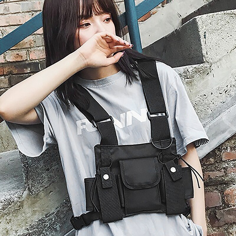 FGGS-Regolabile Nero Della Maglia Hip Hop Streetwear Funzionale Cablaggio Cassa Vita pacchetto della Cassa del Pacchetto di Modo del Sacchetto di Nylon