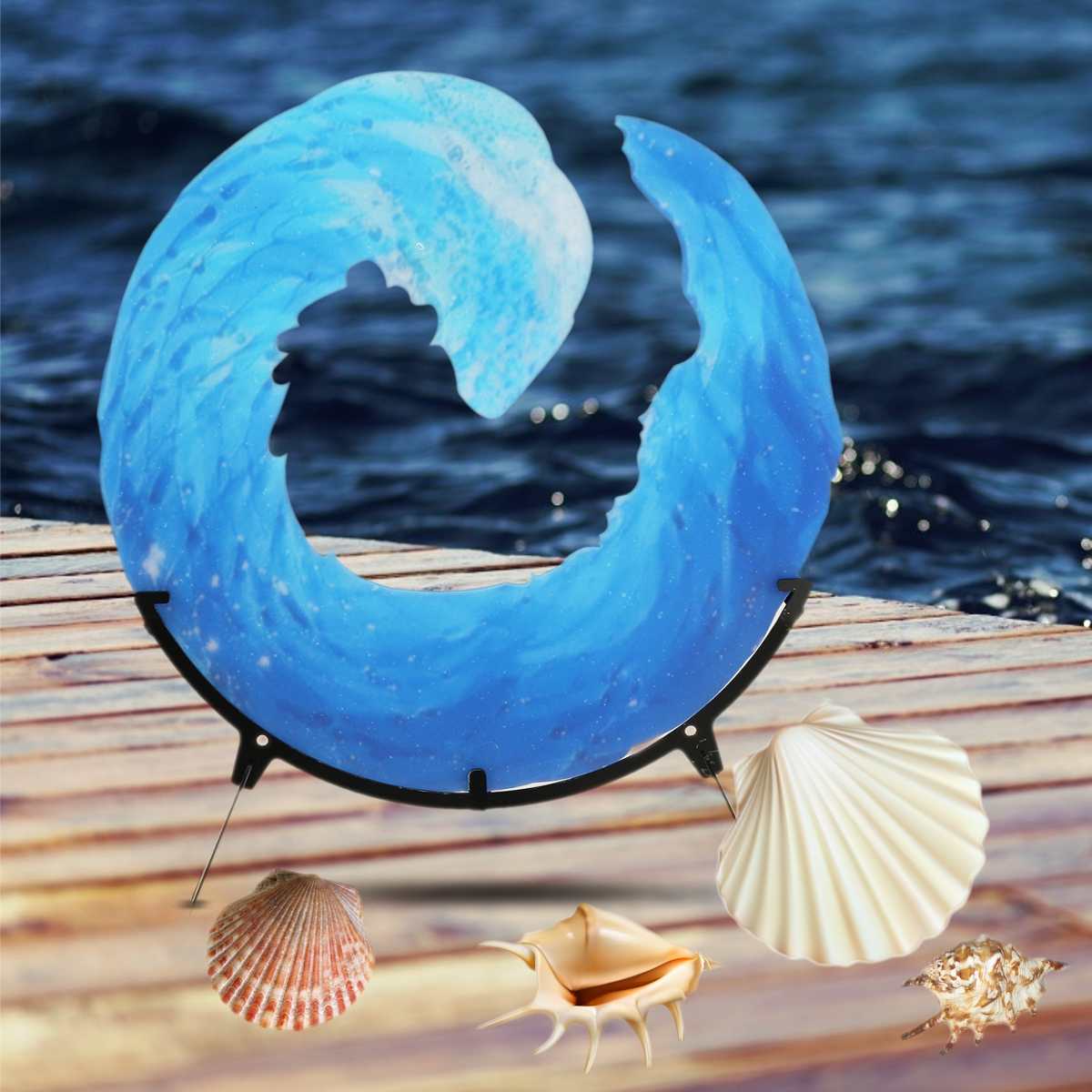 20X20CM Home Decoration Ocean Wave Fused Glass Sculpture Blue Wave Sculpture Ornament Birthday Desktop Decor With Bracket