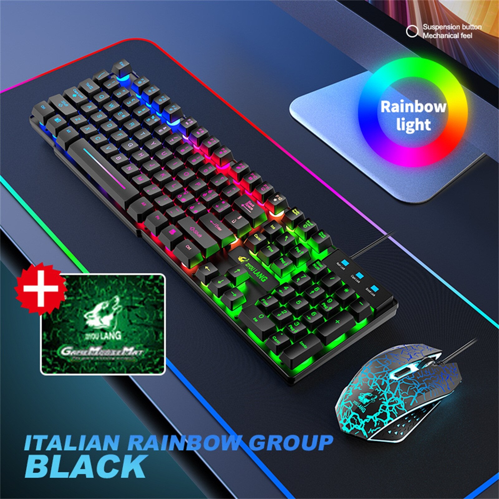 Keyboard Mouse T13 Rainbow Backlight Usb Ergonomic Gaming Keyboard Mouse Set For Pc Laptop Juego de teclado y mouse alemán: B
