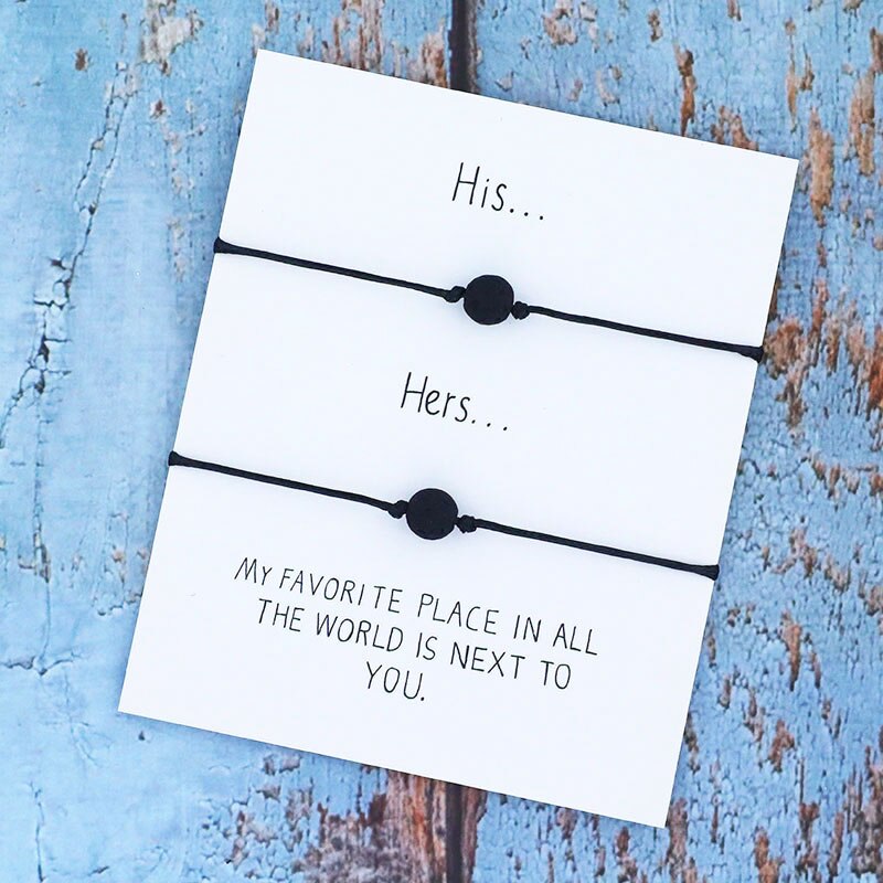 8mm zwarte lava wensarmbanden, bijpassende armbanden met zwart touw, vulkaansieraden voor hem en haar, vriendschapswenskaart: Zwart