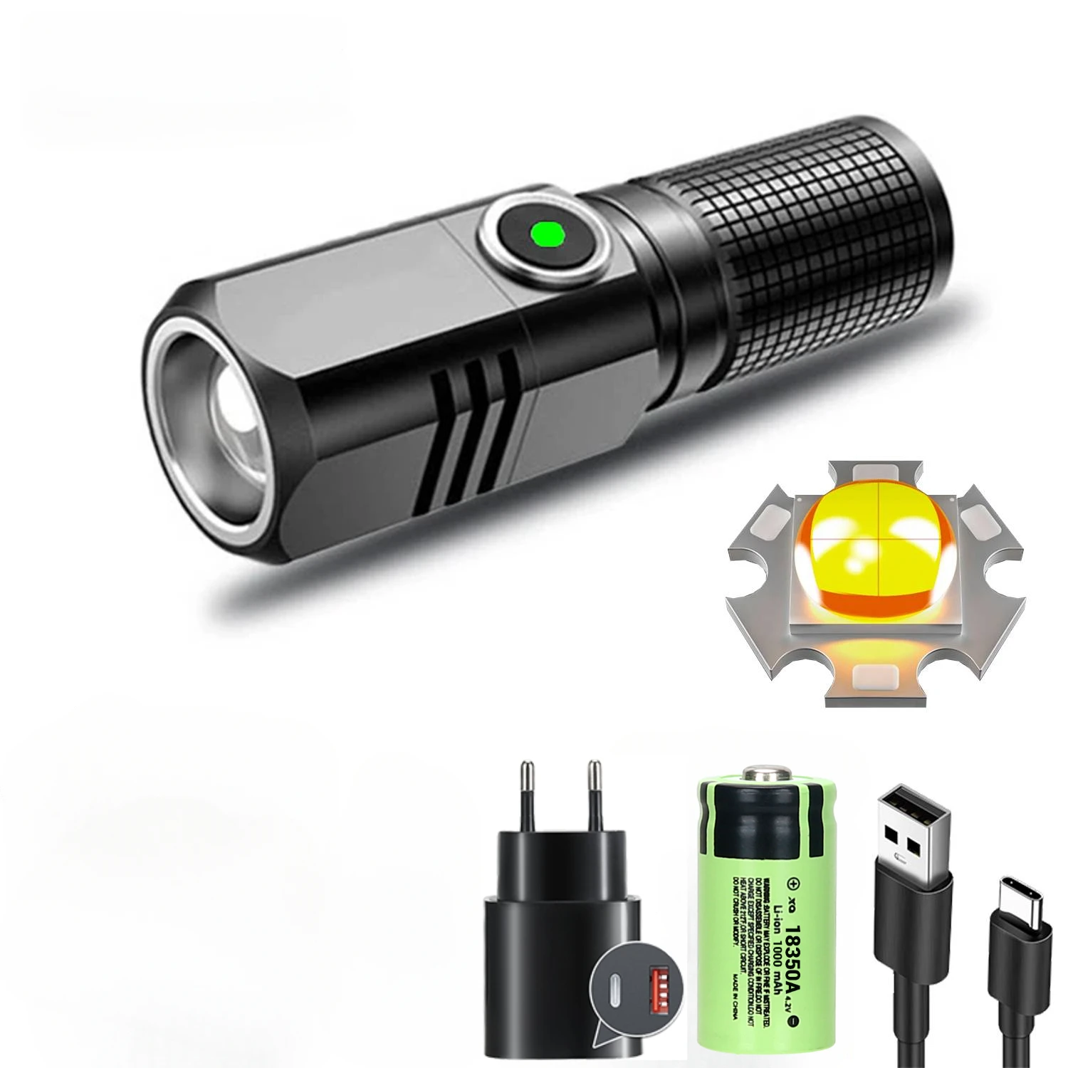 mini-lommelykt xhp 50 ledet usb c oppladbar 16340 18650 batterilommelykt 1500lm kraftig lommelykt kan lukkes med ett klikk: Rgb