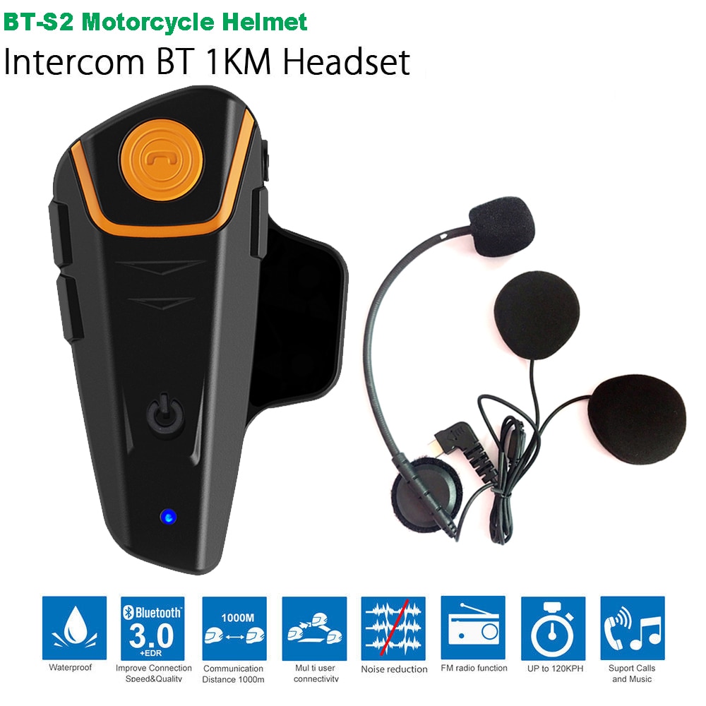 Intercomunicador BT-S2 con Bluetooth para motocicleta, auriculares con FM y MP3, resistente al agua, 1000M
