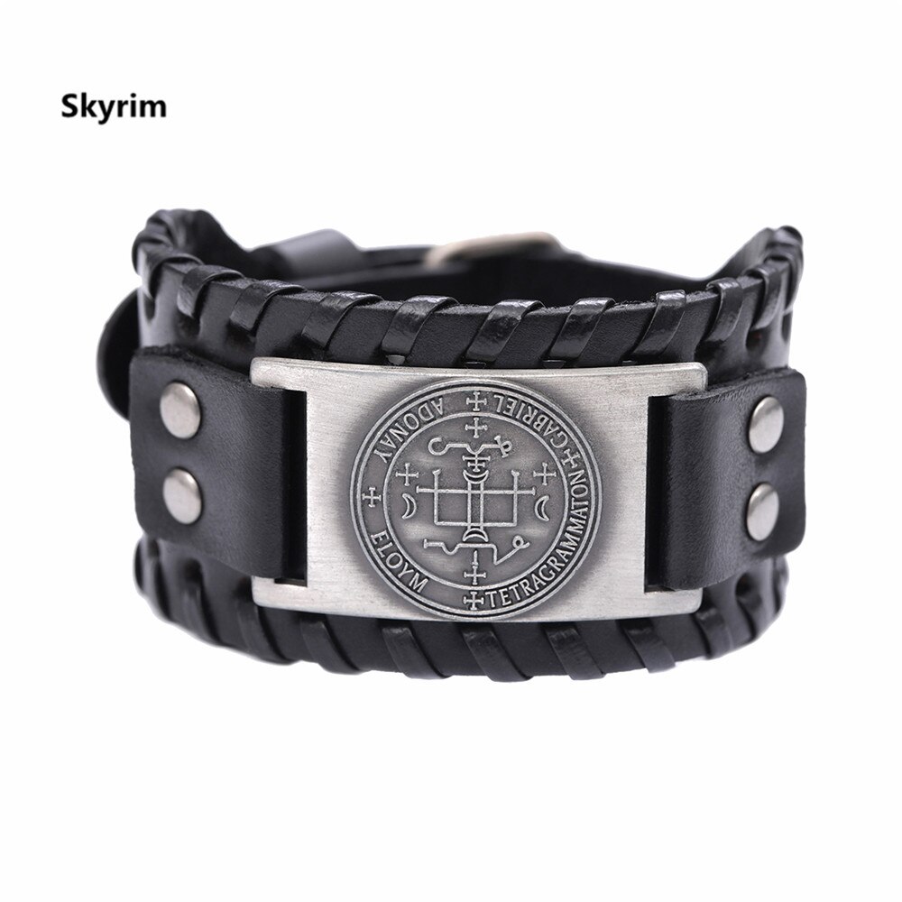 Skyrim Sigil Van Aartsengel Viking Brede Leren Armband Michael Raphael Talisman Vintage Angel Gothic Vermogen Bangles Man Sieraden: wide black-sliver